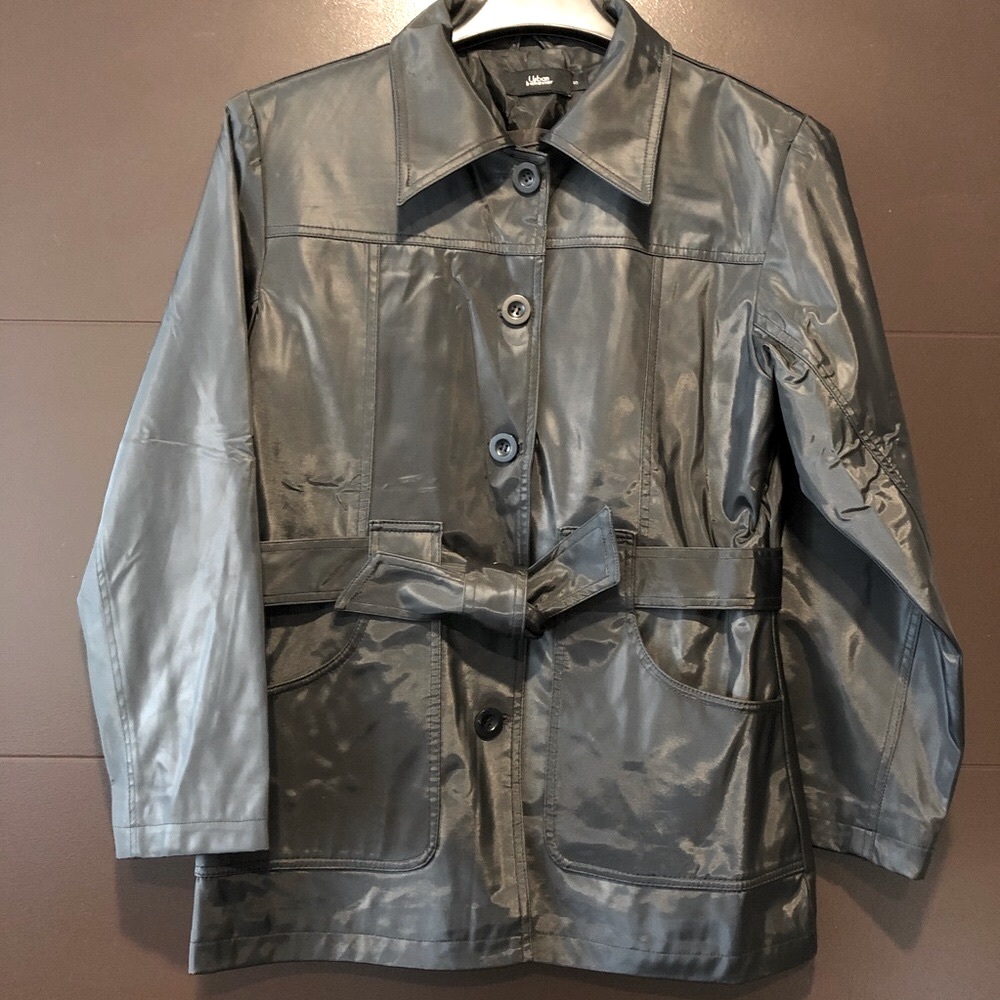 Urban Behavior Shiny Black Faux Leather Trench Coat Button Down Front & Belt Tie